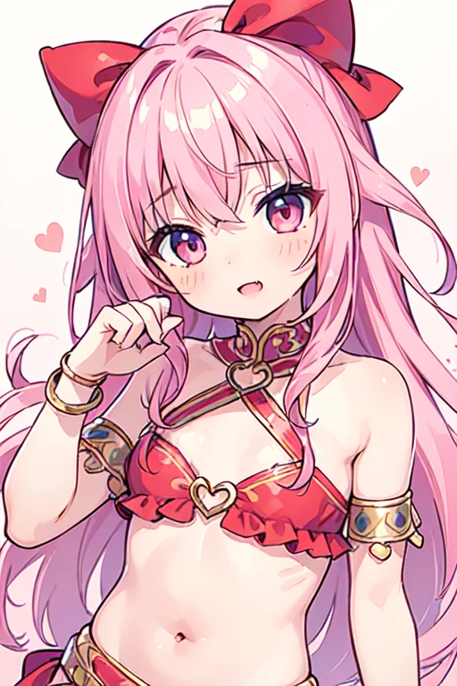 (best quality, masterpiece:1.2), ultra detailed, extremely detailed eyes and face, natural skin texture, detailed skin, natural lighting,
chibi, 1 girl, 12-years-old, (cute), pink hair, middle hair, straight hair, shiny hair, flat chest,
(wearing red bellydancer), fang, mesugaki face,
upper body,