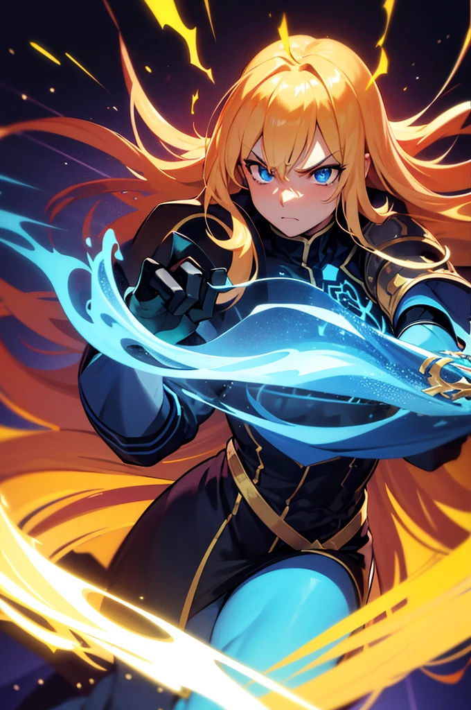 A powerful fusion warrior with long golden hair, piercing blue eyes, and a fierce expression, wearing a blue and yellow gi. Dramatic cinematic lighting, hyper-realistic, 8k, highly detailed, muscular physique, intense action pose, glowing aura, photorealistic, depth of field, volumetric lighting, cinematic composition, chiaroscuro lighting, dramatic shadows, vibrant colors, dynamic movement.