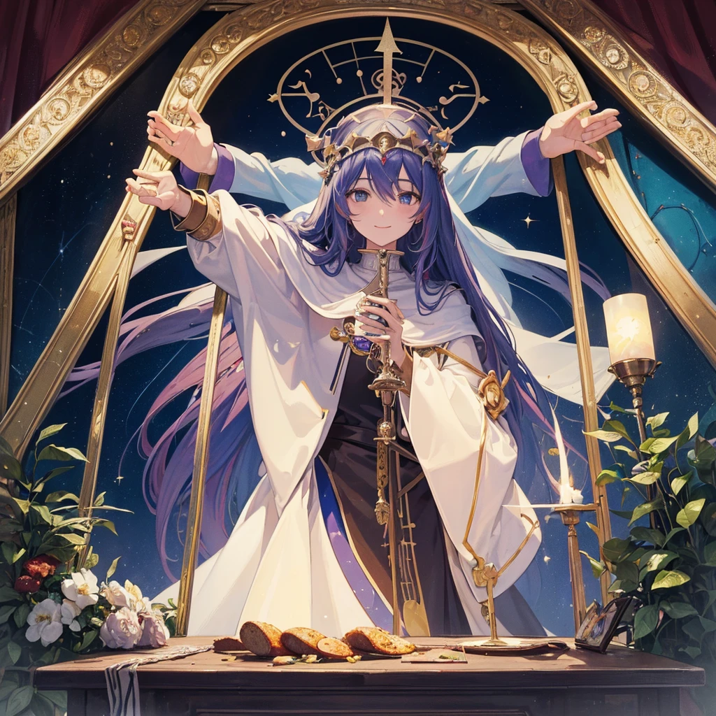 Tarot Cards（Female Pope(Salvator Mundi）のLast Supper（　canteen　Draw on canvas（Stained glass（Valentine　hologram　Blue light swirling）　Last Supper　　holy grail　Christ　smile）Anime Poster、oil）
