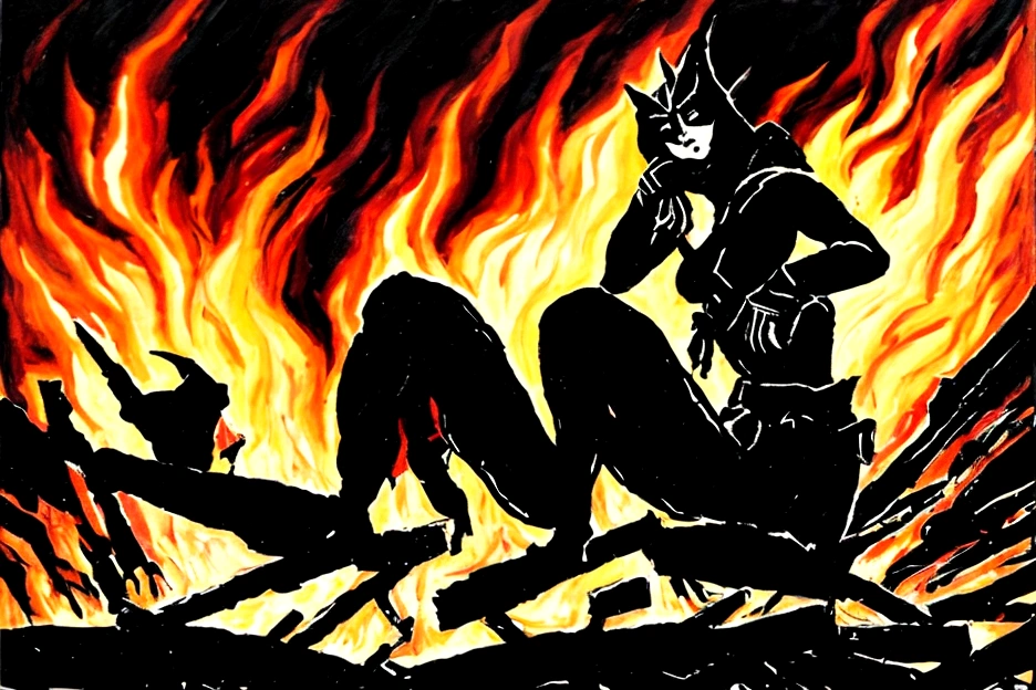 1 mujer junkotvv pelo largo negro con flequillo y con orejas de gato y ojos rojos a warrior resting in bonfire, high quality, masterpiece, dark theme, dark souls theme, (fullbody sentada frente a un bonfire )