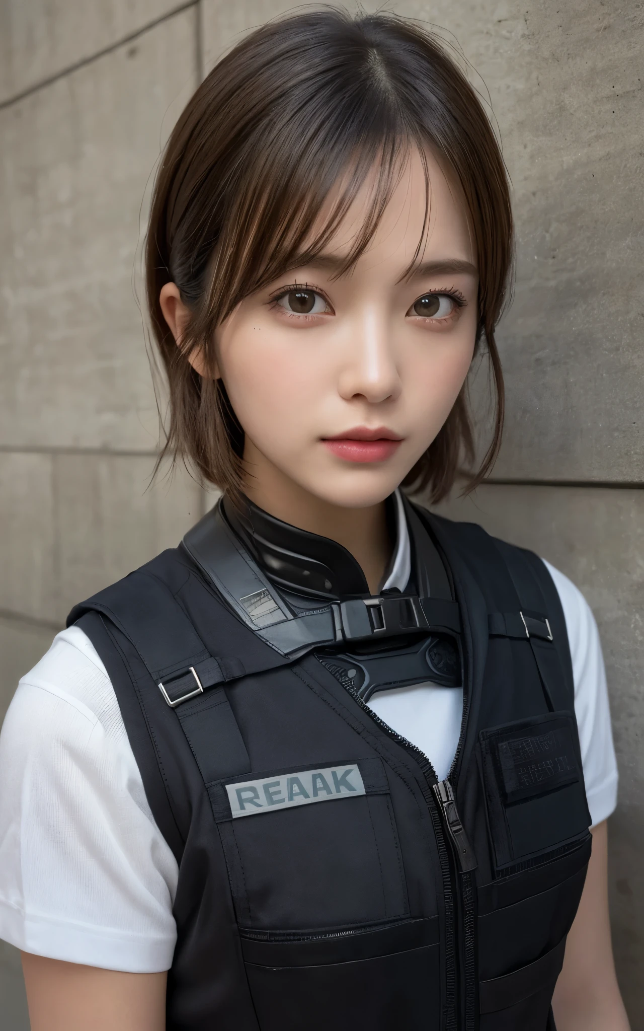 ((Best Quality, 8K, Masterpiece: 1.3, best quality)), photorealistic, photorealism, high resolution, ((face close up:1.2)), (detailed face skin, reallistic, Photorealsitic:1.37), face of 1girl , looking at the viewer, (Detailed face), short hair, (wearing dark rubber suit, tactical vests, military harness, high-tech headset), concrete wall background,