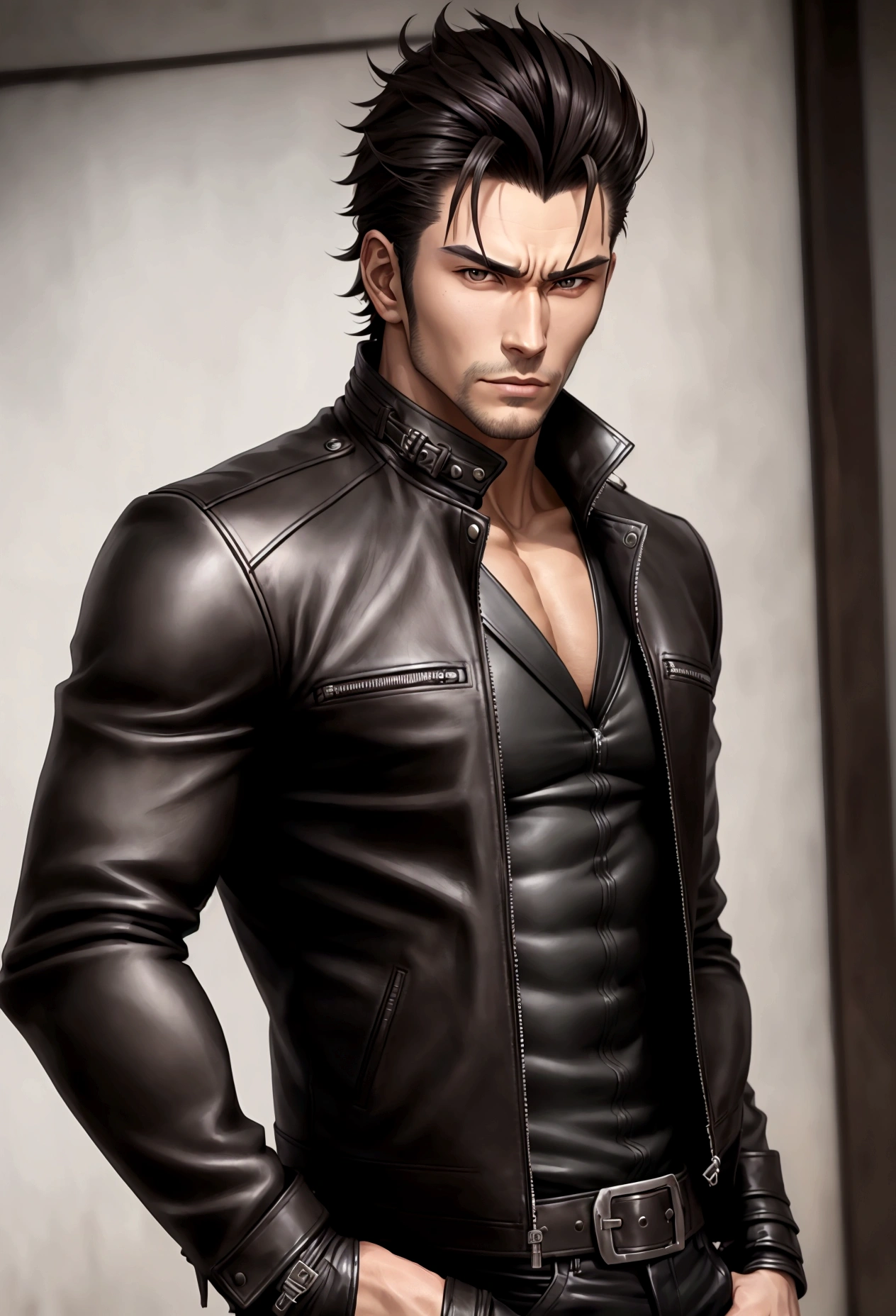 a close up of a man in a leather jacket posing for a picture, handsome guy in demon slayer art, handsome stunning realistic, handsome anime pose, by Yang J, handsome male, anime handsome man, ripped, male art, sexy masculine, mid-shot of a hunky, prefect body, sakimichan frank franzzeta