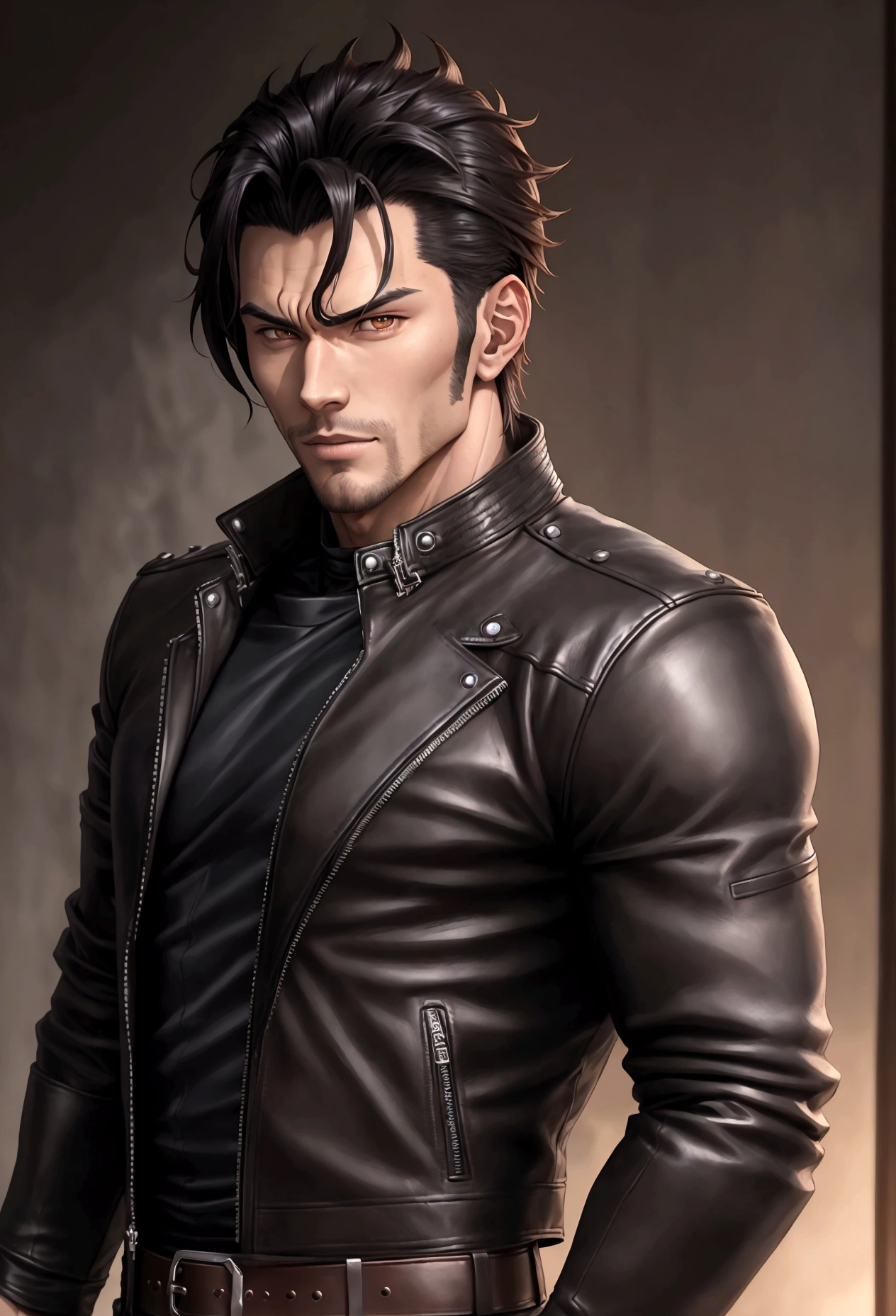 a close up of a man in a leather jacket posing for a picture, handsome guy in demon slayer art, handsome stunning realistic, handsome anime pose, by Yang J, handsome male, anime handsome man, ripped, male art, sexy masculine, mid-shot of a hunky, prefect body, sakimichan frank franzzeta
