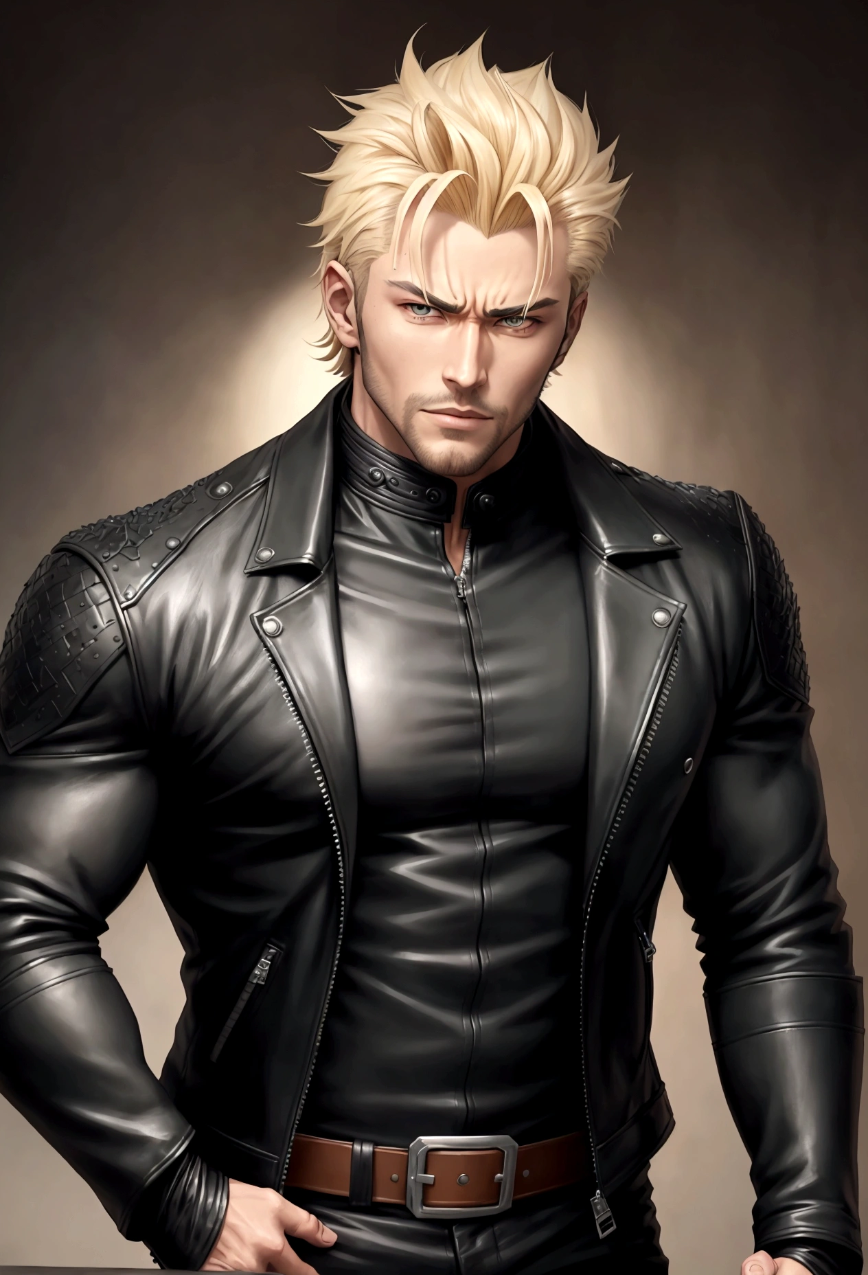 a close up of a man in a leather jacket posing for a picture, handsome guy in demon slayer art, handsome stunning realistic, handsome anime pose, by Yang J, handsome male, anime handsome man, ripped, male art, sexy masculine, mid-shot of a hunky, prefect body, sakimichan frank franzzeta