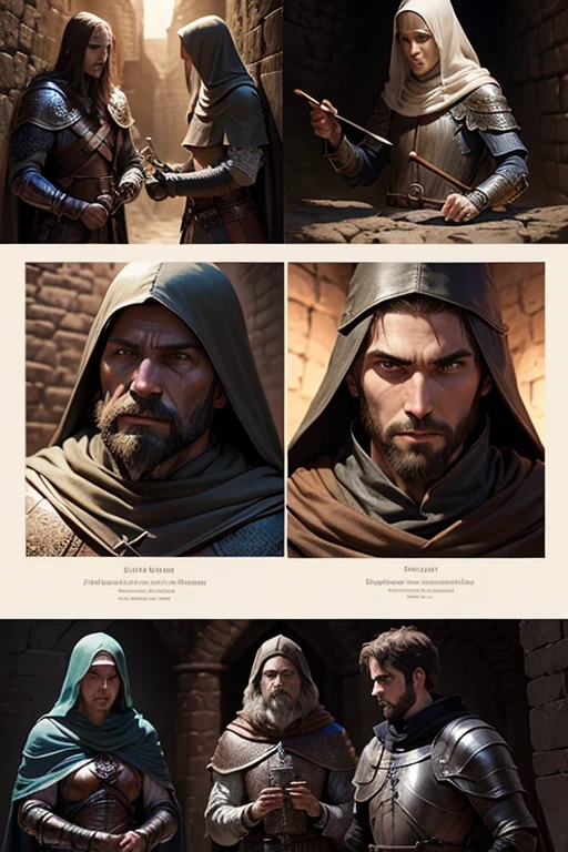 a knight, a ranger, a cleric, and a wizard exploring through a dark dungeon, faces detailed, good faces, perfect faces