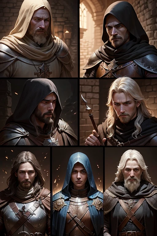 a knight, a ranger, a cleric, and a wizard exploring through a dark dungeon, faces detailed, good faces, perfect faces