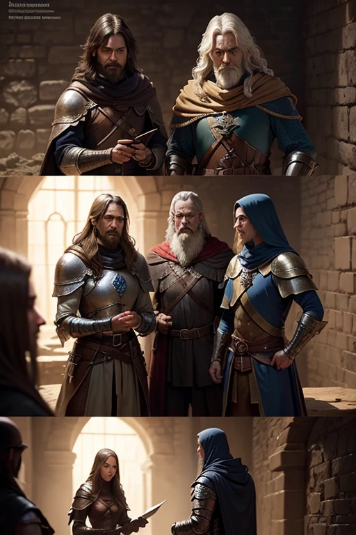 a knight, a ranger, a cleric, and a wizard exploring through a dark dungeon, faces detailed, good faces, perfect faces