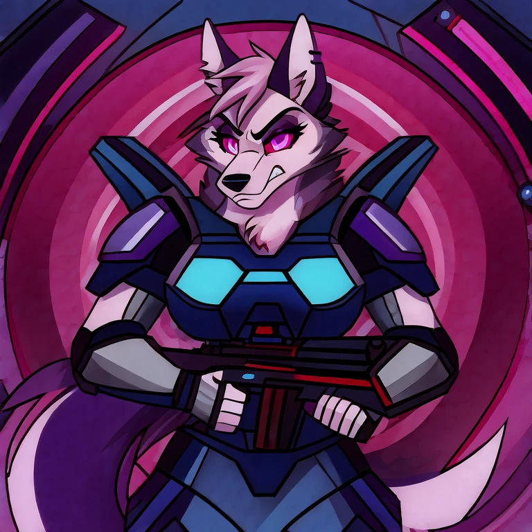 (masterpiece, best quality: 1.2), Vortex Hellhound, a bodyguard, wolf, furry, an amazing boss, and a female hellhound, white fur, hypnotized with glowing purple eyes, serious and angry face, wearing futuristic armor, using a Pulse Rifle, Energy Rifle, Futuristic assault rifle, in futuristic room background