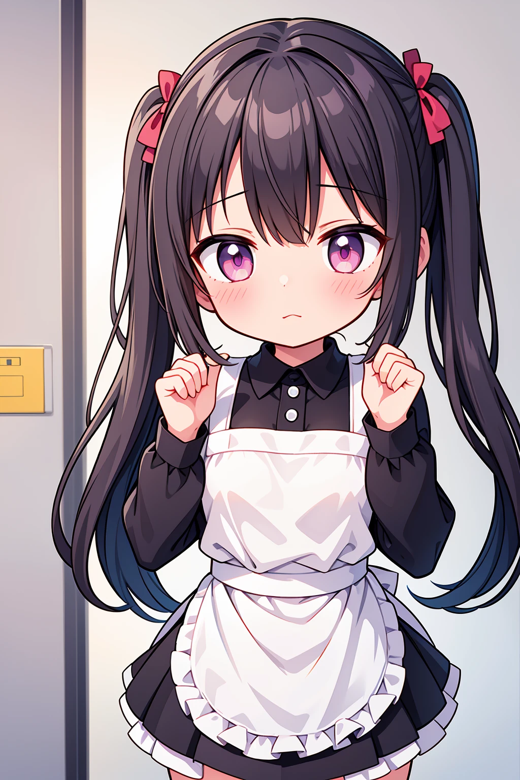 (8K, Highest image quality, highest quality, masterpiece), detailed face, ((loli)), ((girl)), (little loli curve), black hair, short twintails, pink eyes, (very small bust), flat bust,(naked apron), cowboy shot, put your hand on your mouth, kitchen background, ((very blushing)), ((detailed hands and fingers)), viewer perspective from below, (blush)