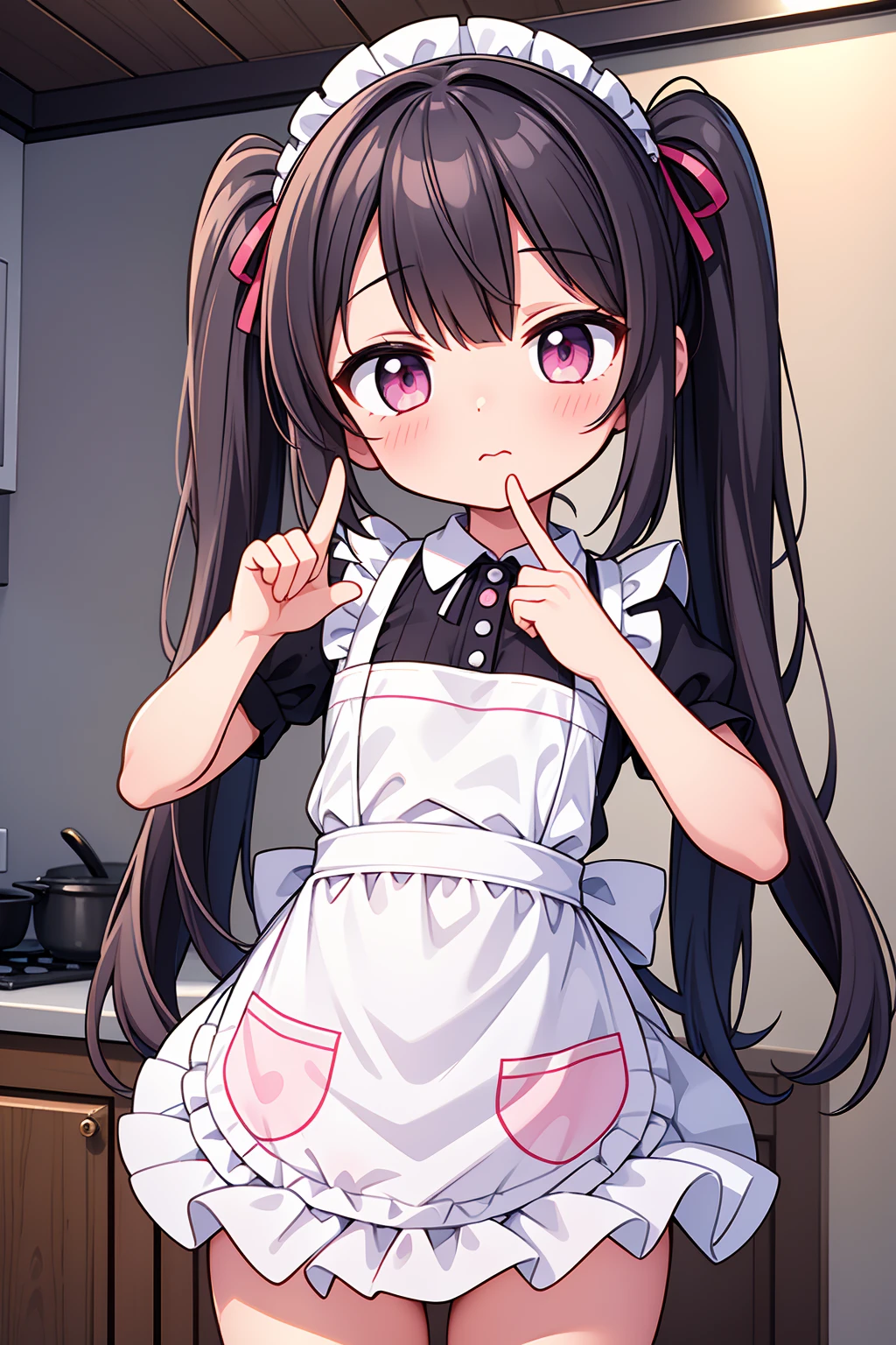 (8K, Highest image quality, highest quality, masterpiece), detailed face, (()), ((girl)), (little lolive), black hair, short twintails, pink eyes, (very small bust), flat bust,(naked apron), cowboy shot, put your hand on your mouth, kitchen background, ((very blushing)), ((detailed hands and fingers)), viewer perspective from below, (blush)