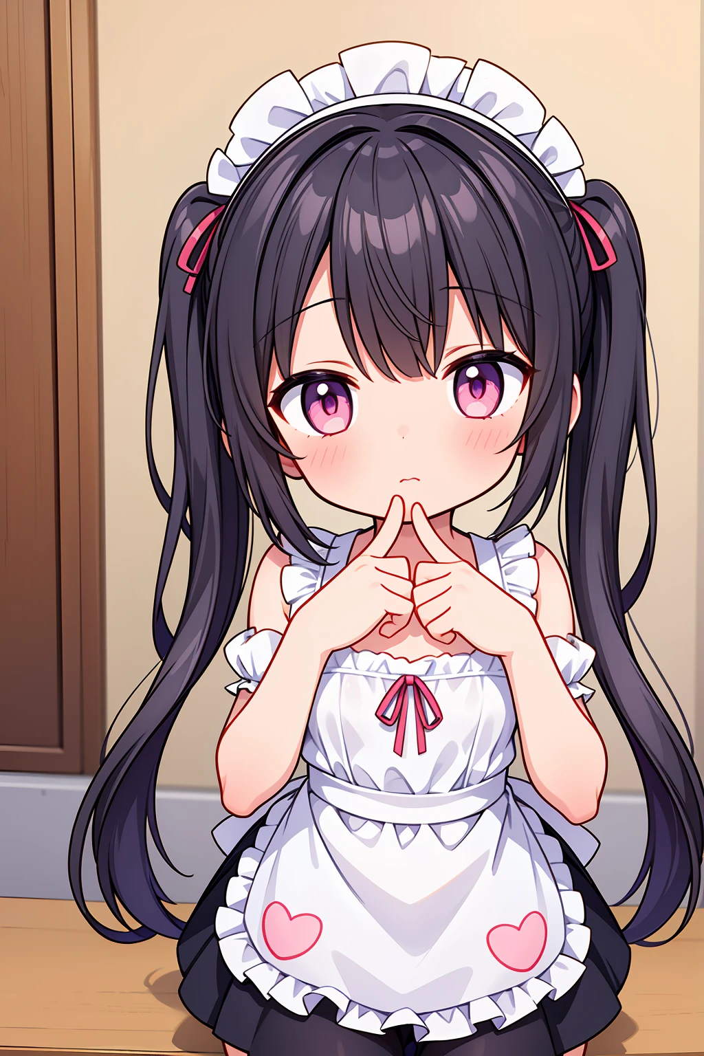 (8K, Highest image quality, highest quality, masterpiece), detailed face, ((loli)), ((girl)), (little loli curve), black hair, short twintails, pink eyes, (very small bust), flat bust,(naked apron), cowboy shot, put your hand on your mouth, kitchen background, ((very blushing)), ((detailed hands and fingers)), viewer perspective from below, (blush)