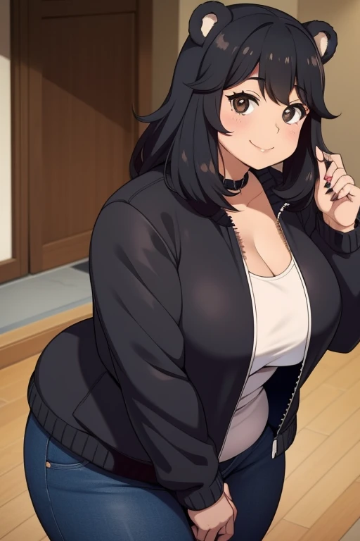 Plump  21 big breasts black hair brown eyes chubby smile bear girl black jacket night