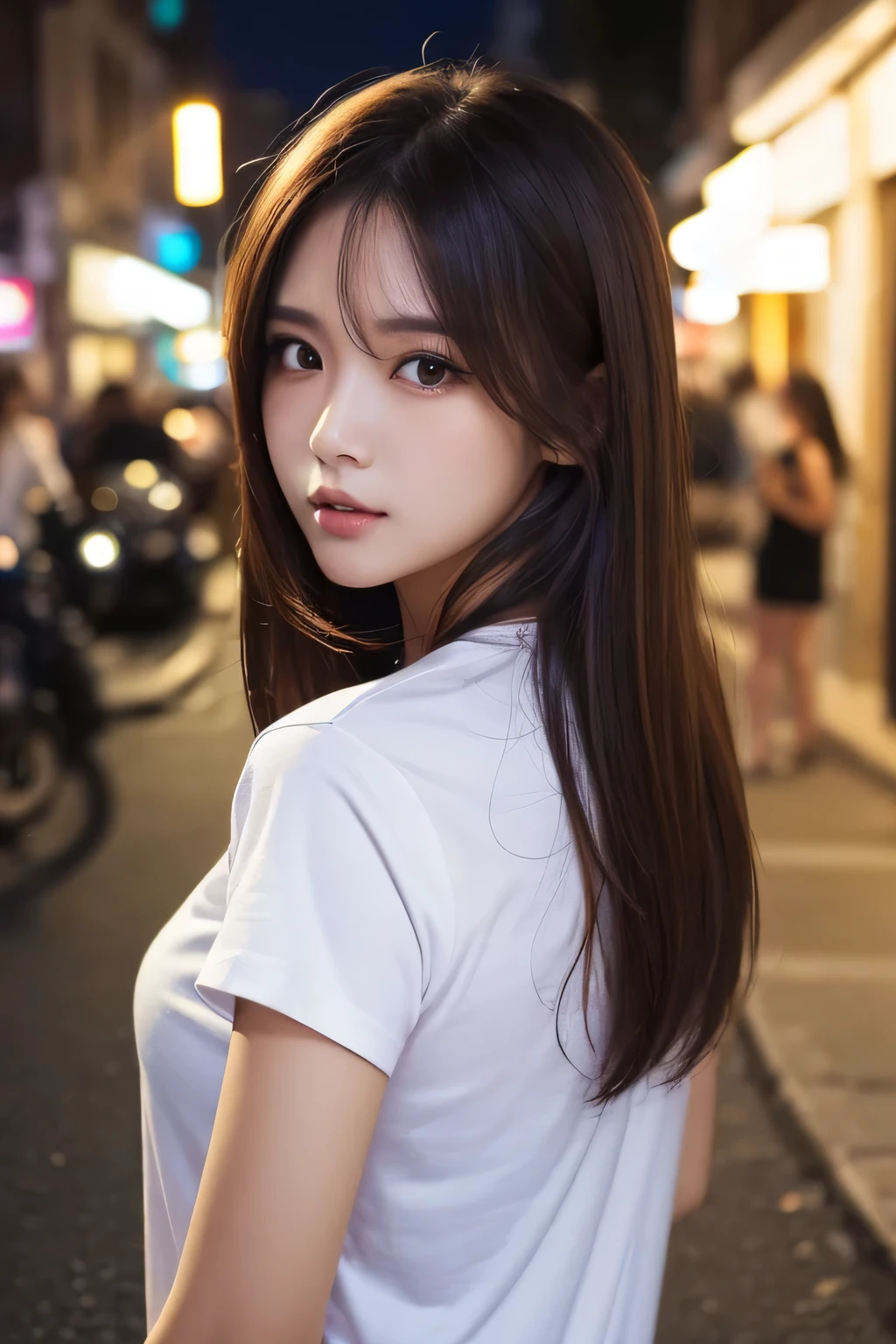 (Best quality, High resolution, Masterpiece :1.3), A pretty woman, Slender figure, Dark brown hair, T-shirt, (Street in city at night), Highly detailed face and skin texture, Detailed eyes, Double eyelid