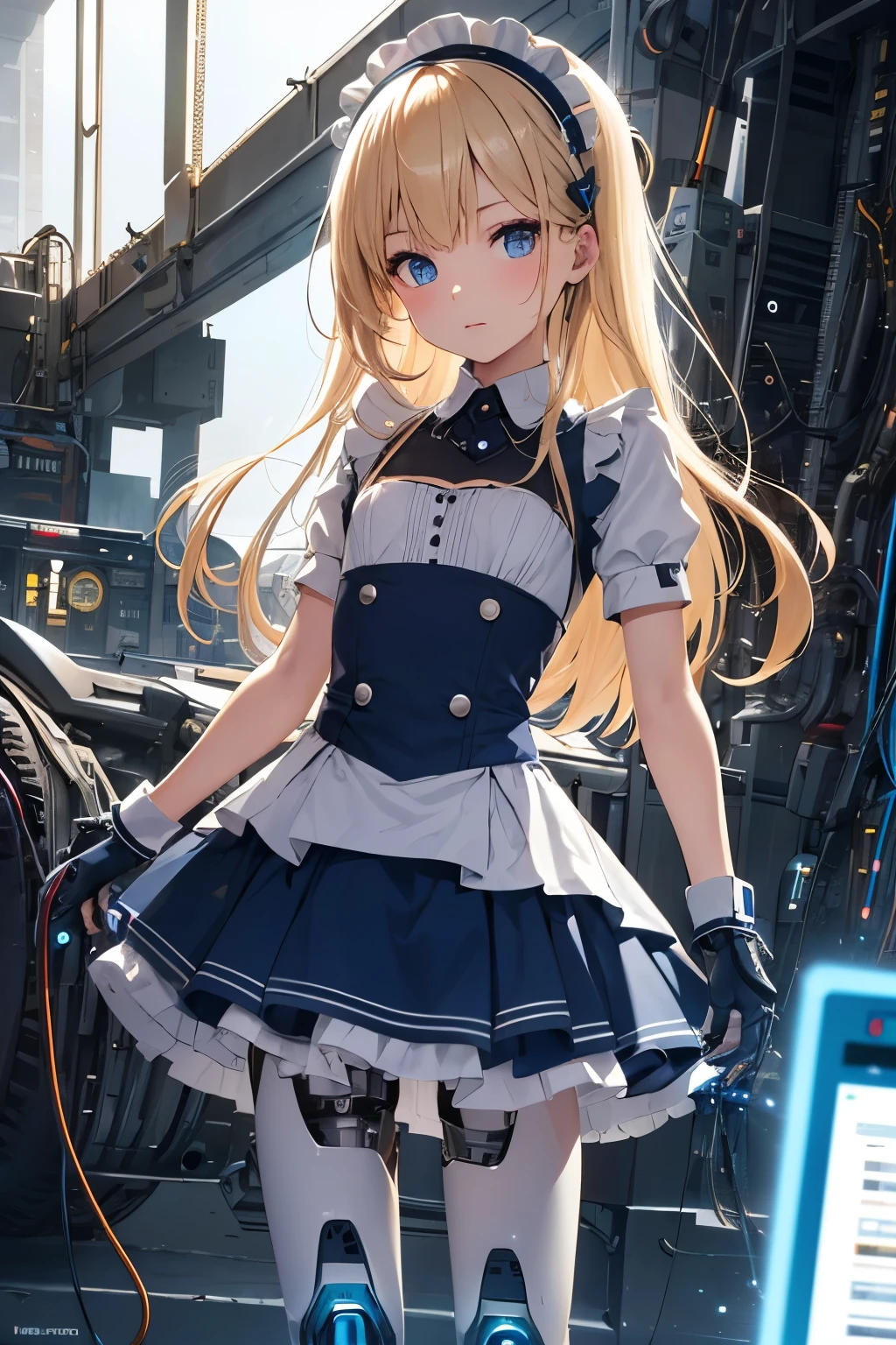 girl ,girl 12 year old , mechanical face , futuristic maid dress ,flat chest ,long blonde hair frinje ,(loli body), mechanic-headband, blue leds ,blue light auréola, quality, 8k ,maid uniform , Cyborg arms. Mechanical Limbs Metal, Mechanical legs .Power cablles conected in machine. Circuitos.