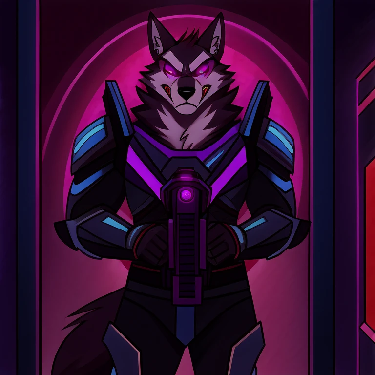 (masterpiece, best quality:1.2), Vortex hellhounds, a couple of male bodyguards, wolves, furry, helluva boss, hypnotized with glowing purple eyes, angry serious face, wearing futuristic armor, using in his hands a Pulse Rifle, Energy Rifle, Futuristic assault rifle, guarding the door of a luxury room background