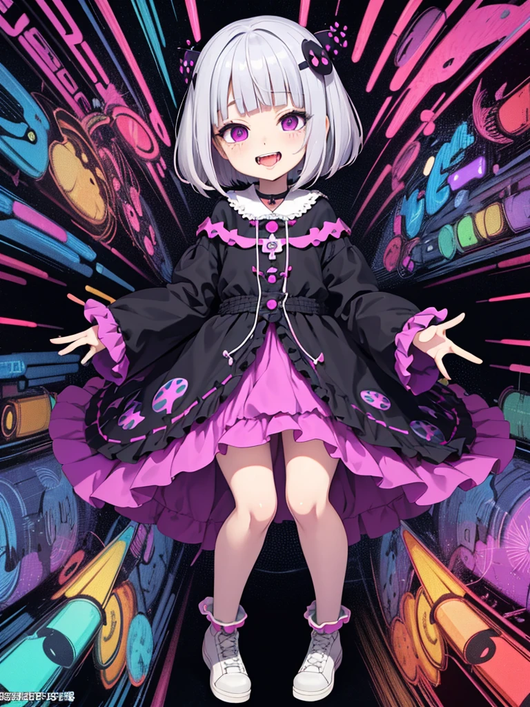 loli,drug,medicine,psycho smile,open mouth,psycho,drool,psychedelic,full body,anime,mature female,HD,Detailed Background, masterpiece, highest quality,bob cut,silver hair,messy hair,Frizzy hair,purple eye,kawaii,psychedelic art,