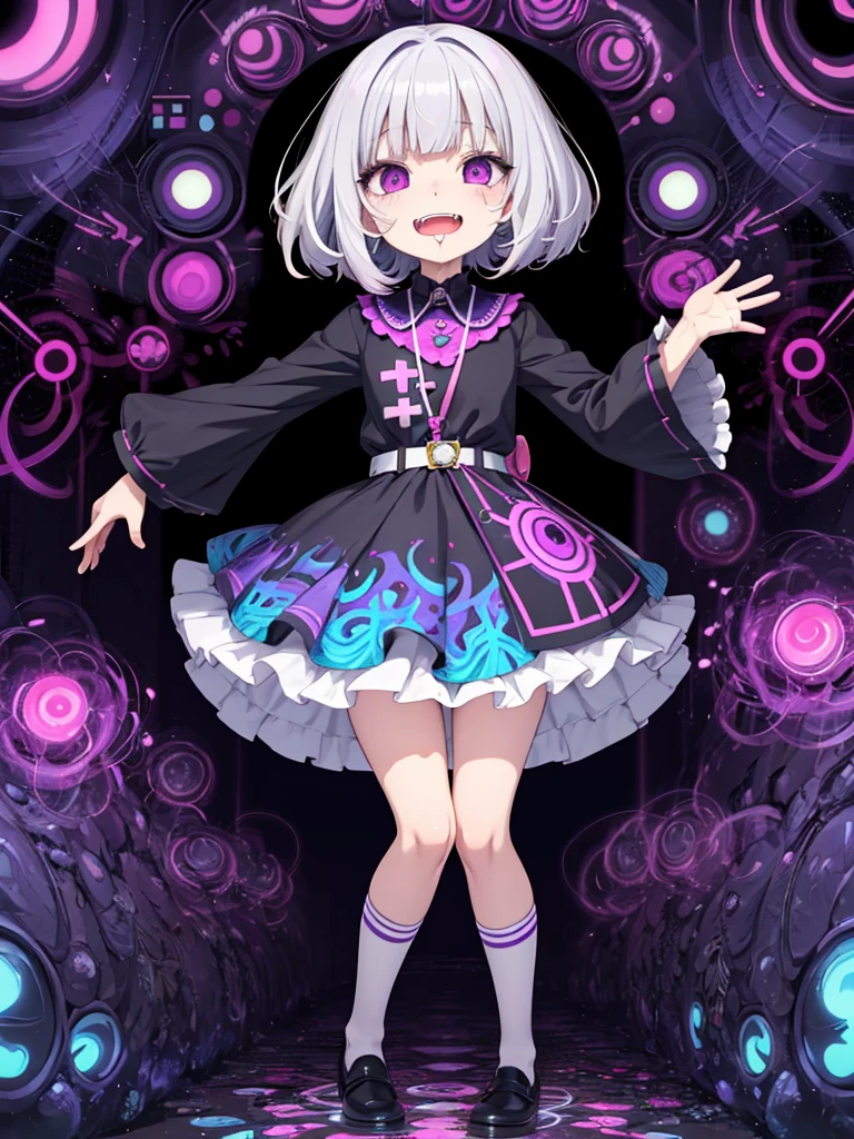 loli,drug,medicine,psycho smile,open mouth,psycho,drool,psychedelic,full body,anime,mature female,HD,Detailed Background, masterpiece, highest quality,bob cut,silver hair,messy hair,Frizzy hair,purple eye,kawaii,psychedelic art,