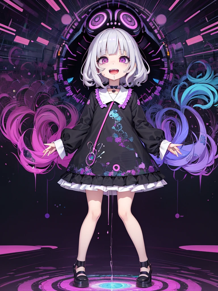 ,drug,medicine,psycho smile,open mouth,psycho,drool,psychedelic,full body,anime,mature female,HD,Detailed Background, masterpiece, highest quality,bob cut,silver hair,messy hair,Frizzy hair,purple eye,kawaii,psychedelic art,