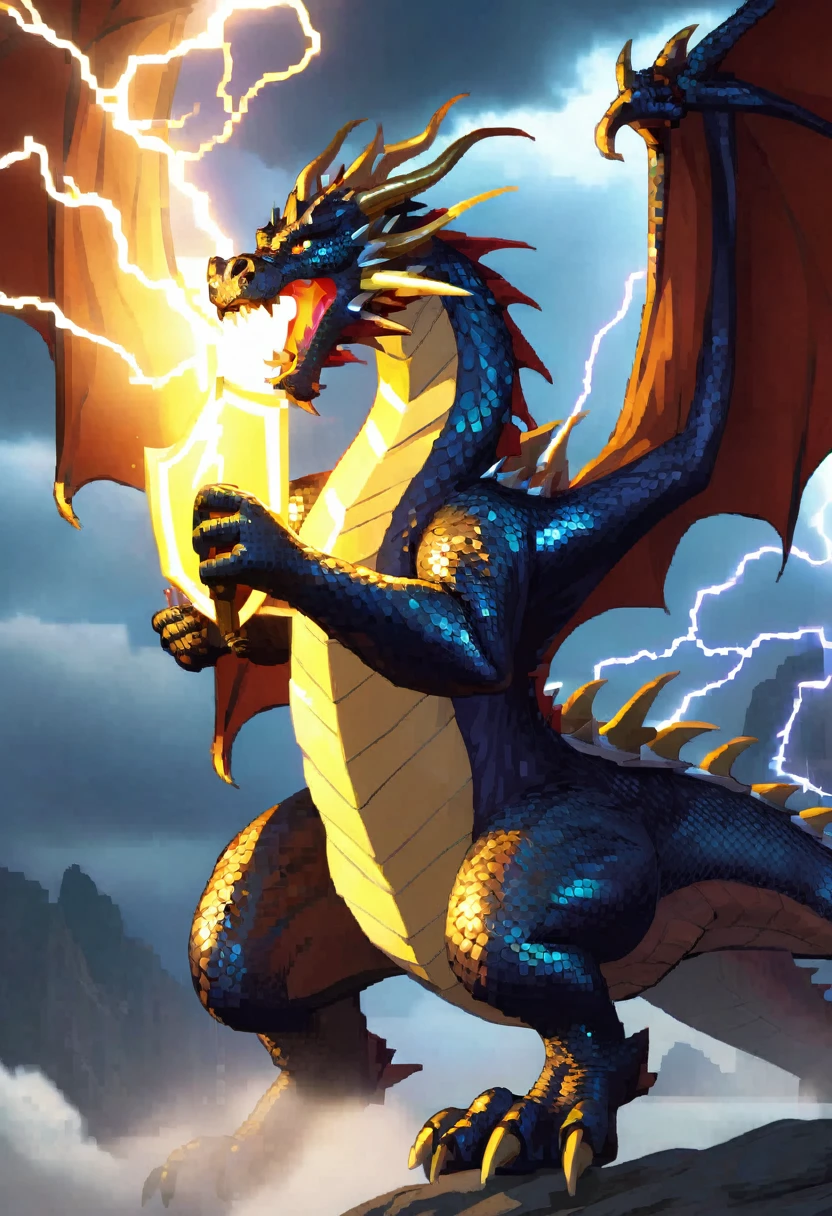 old large dragon breathing animated lightening, on a hero who is holding a shield to protect themselves from the lightening