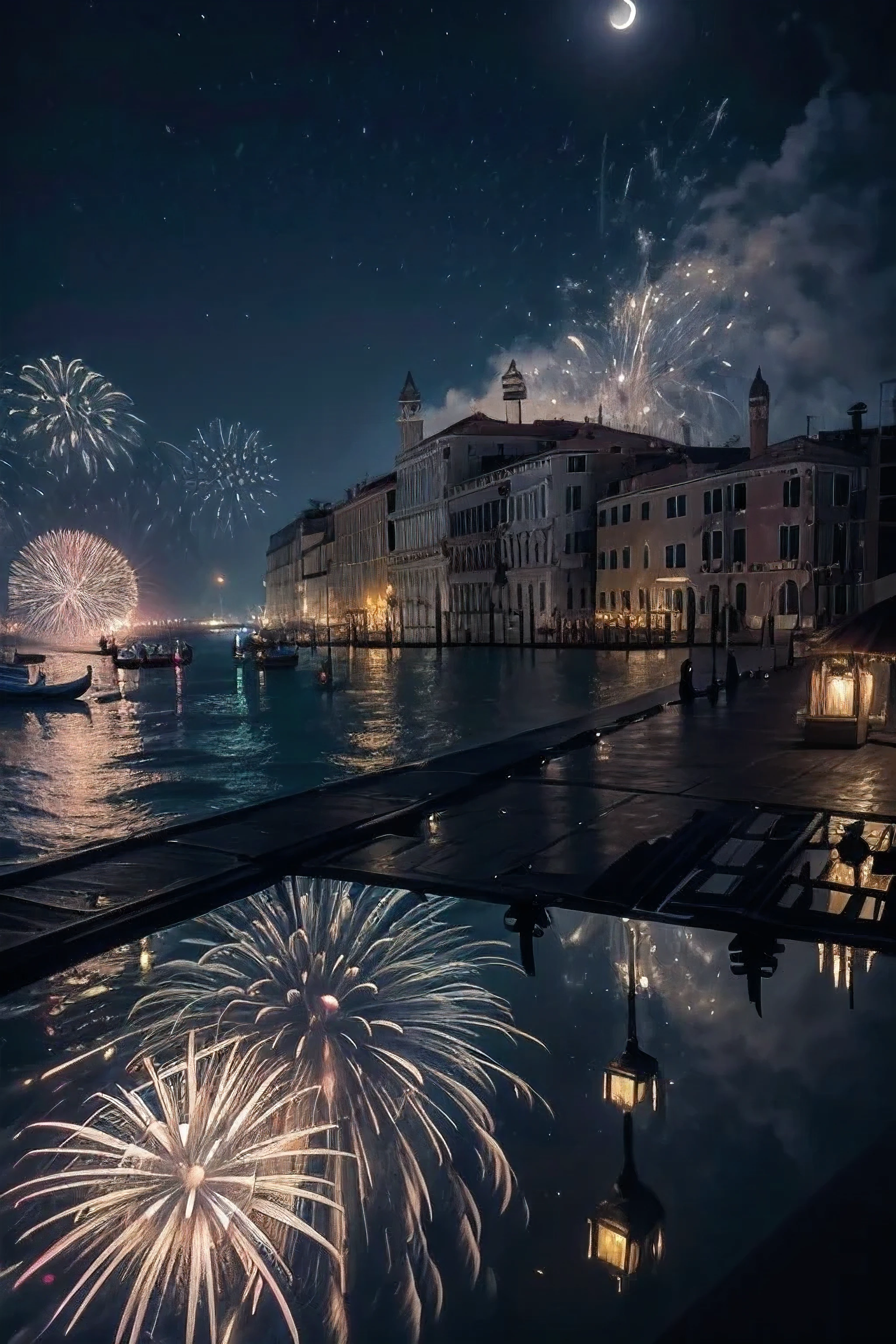 night city of venice in the year 1400 photo taken from below showing the wet and shiny floor 8k ultra bright detail with very impressive reflection of lights with flowers in the windows intense glow of the moon and fireworks in the sky lots of flowers in the windows a party lots of fireworks gigantic cloud fireworks in the sky and bright moon fireworks illuminating the sky 