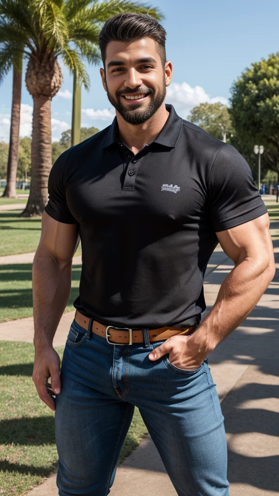 Handsome muscular man beard, strong and muscular legs, big lump, artwork, sonriendo, super sexy in jeans and black polo shirt with blackstripes 8k ultra realistic masterpiece great detail next to a font super muscular , sexy , en el parque, 30 años de edad