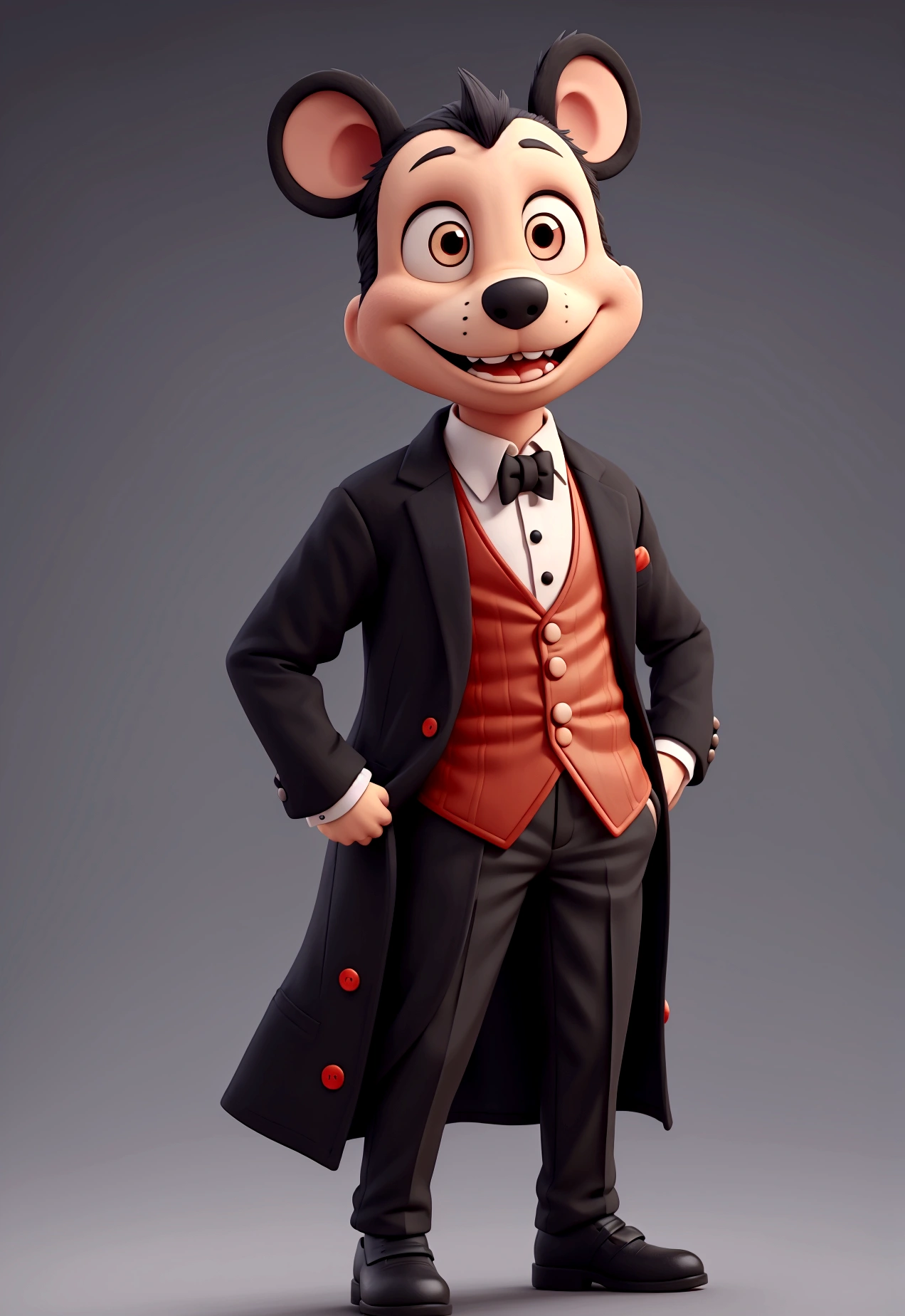 put a tailcoat on the character in black color like the character mikey mouse. and red shorts with two white buttons, next to each other!