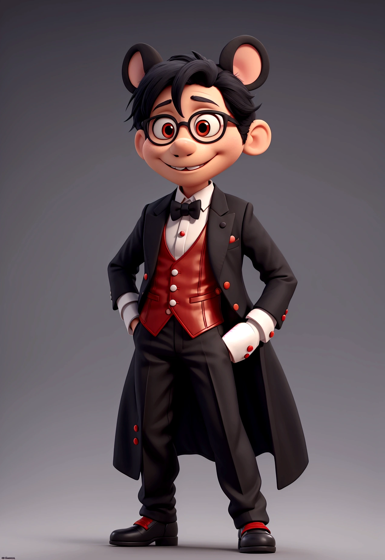 put a tailcoat on the character in black color like the character mikey mouse. and red shorts with two white buttons, next to each other!
