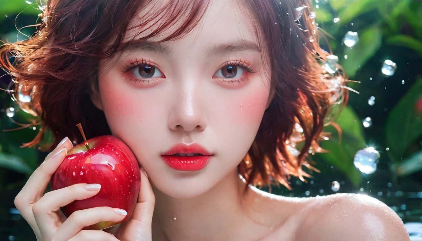 Summer red apple girl,Dopamine teenage, Cool summer days,Ice cubes,The watery girl,Delicate skin,Hydration,Shiny,Shiny,dream,Front view,bust,pearl,Red apple fruit