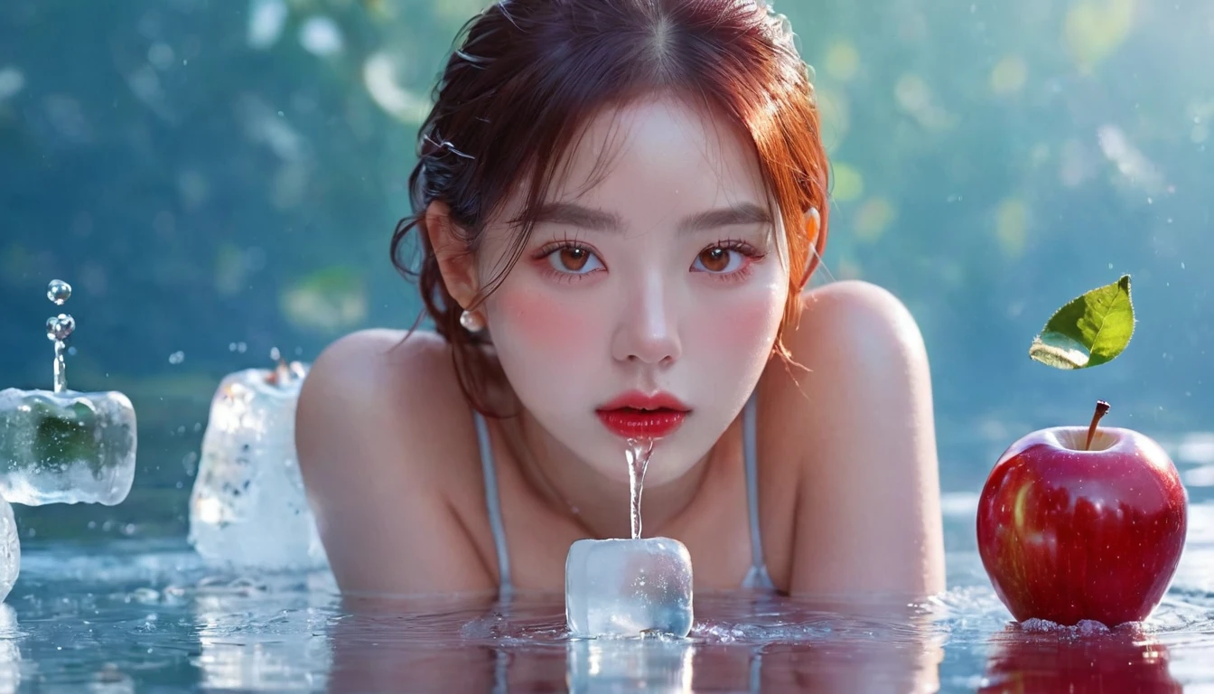 Summer red apple girl,Dopamine age, Cool summer days,Ice cubes,The watery girl,Delicate skin,Hydration,Shiny,Shiny,dream,Front view,bust,pearl,Red apple fruit