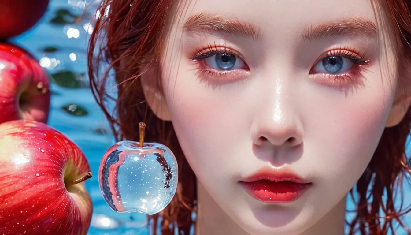 Summer red apple girl，Dopamine teenage， Cool summer days，Ice cubes，The watery girl，Delicate skin，Hydration，Shiny，Shiny，dream，Front view，bust，pearl，Red apple fruit