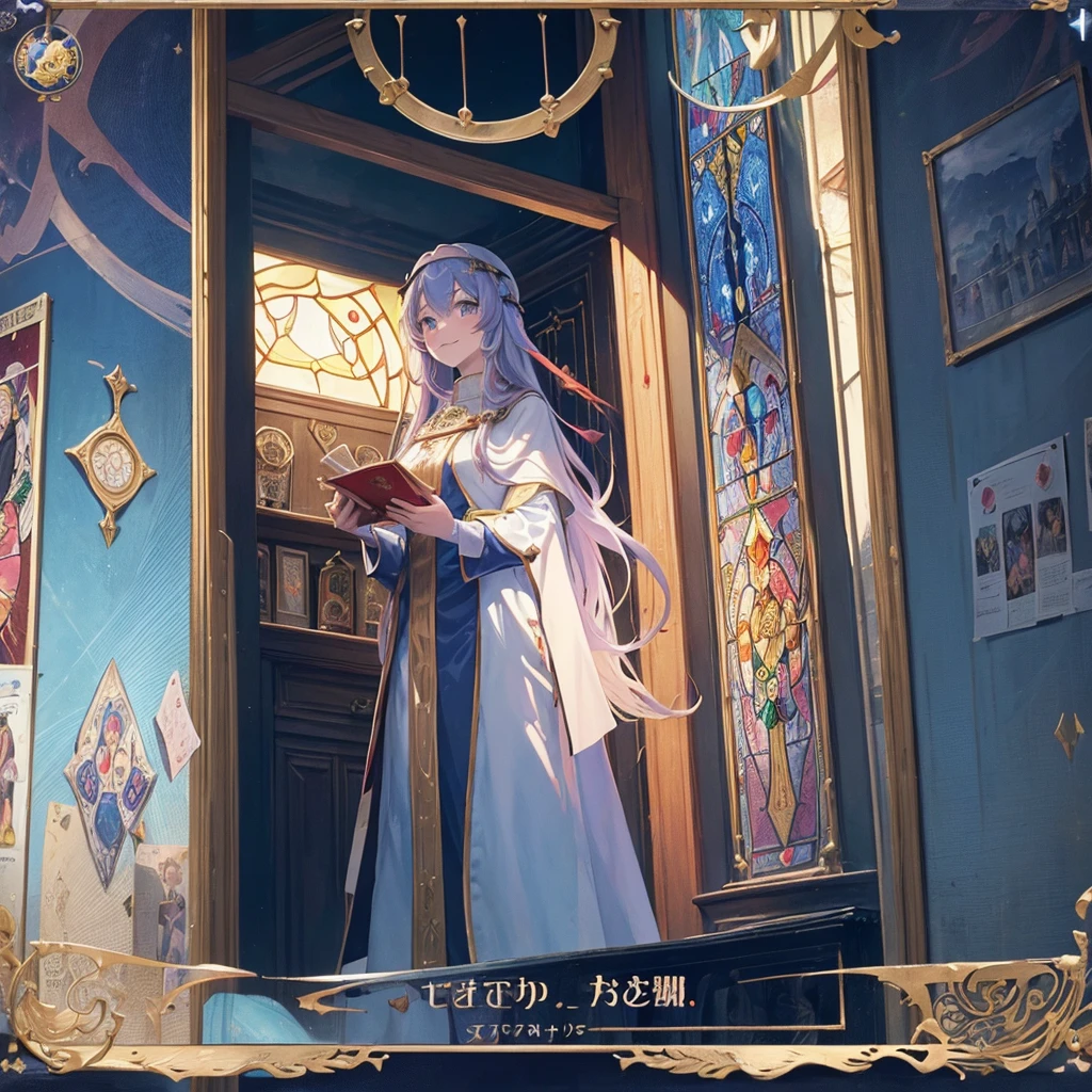 Tarot Cards(Female Pope(Salvator Mundi)のLast Supper( canteen Draw on canvas(Stained glass(Valentine hologram Blue light swirling) Last Supper holy grail Christ smile)Anime Poster、oil)