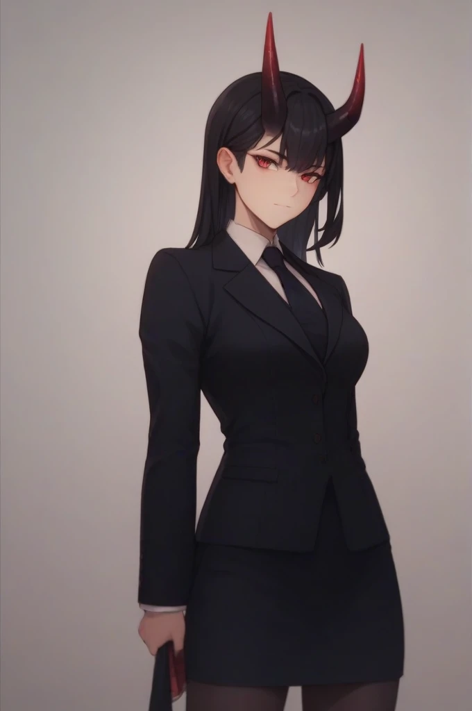 Demon girl with black hair red eyes black horns and black suit with skirt 