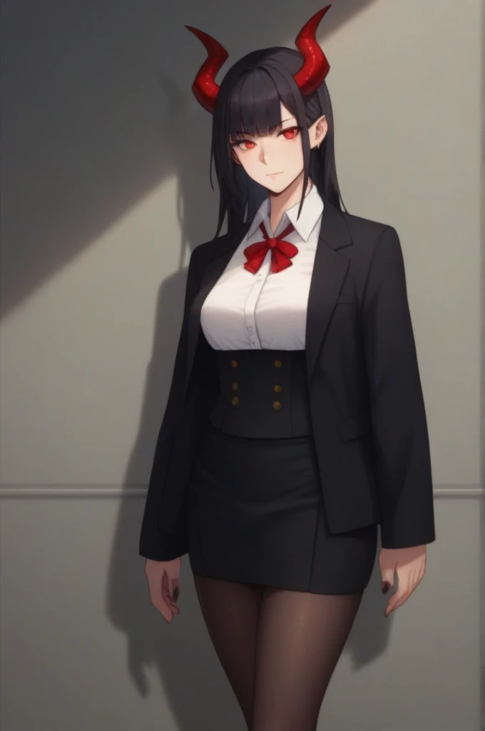 Demon girl with black hair red eyes black horns and black suit with skirt 