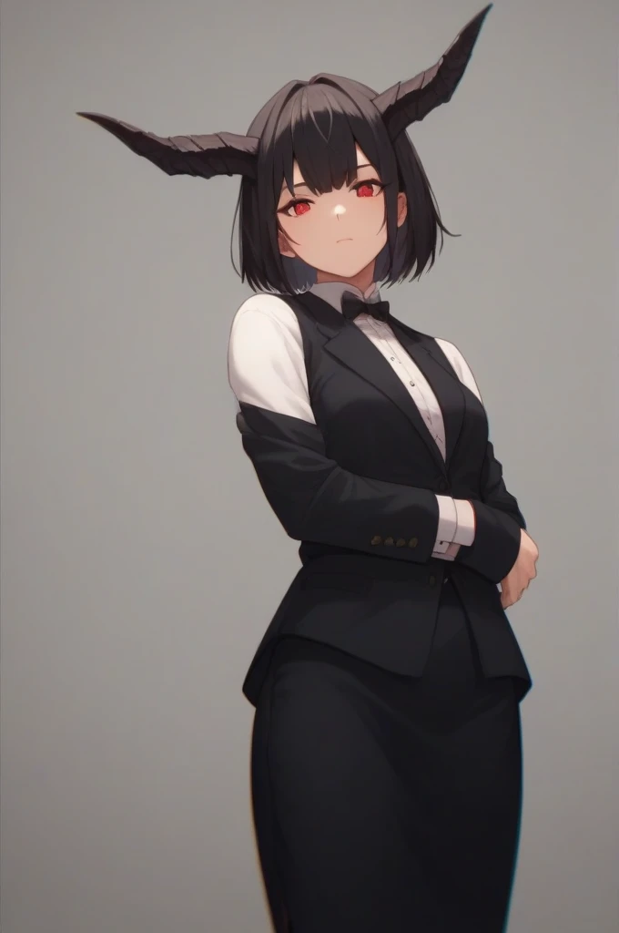 Demon girl with black hair red eyes black horns and black suit with skirt 