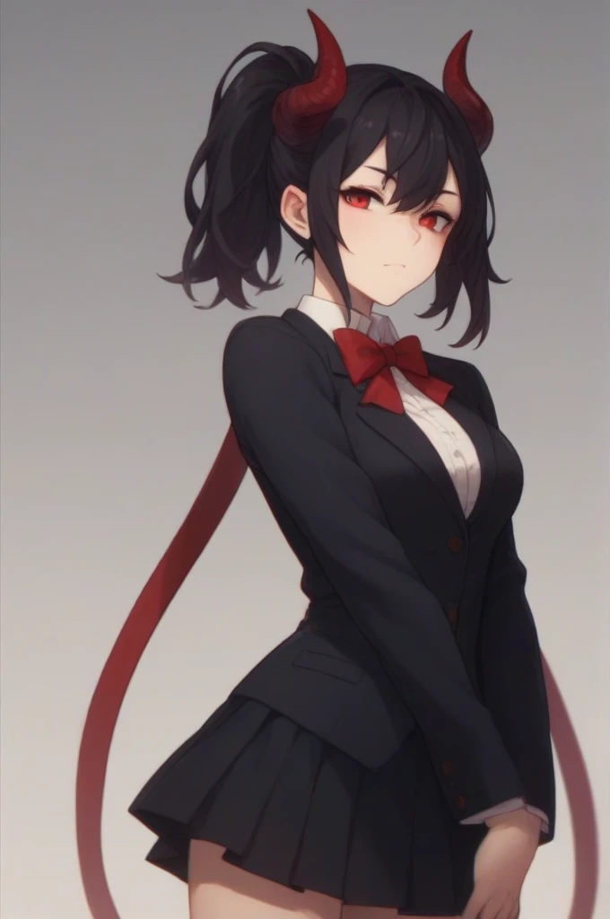 Demon girl with black hair red eyes black horns and black suit with skirt 