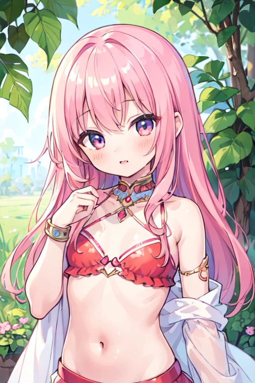 (best quality, masterpiece:1.2), ultra detailed, extremely detailed eyes and face, natural skin texture, detailed skin, natural lighting,
 chibi, 1 girl, 12-years-old, (cute), pink hair, middle hair, straight hair, shiny hair, flat chest,
 (wearing red bellydancer), fang, mesugaki face,
 upper body,