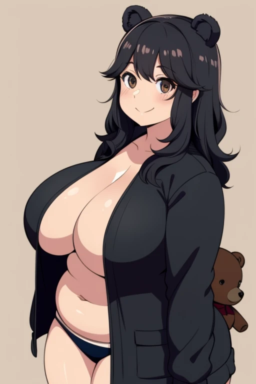 Plump year 21 big breasts black hair brown eyes chubby smile bear girl black jacket night