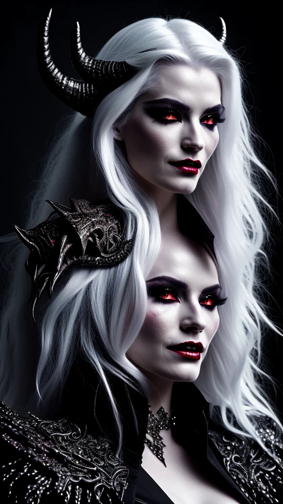 a demon with horns and white hair is posing for a picture, female humanoid creature, a demon, female demon, hyperdetailed fantasy character, dark demon succubus, portrait of an demon queen, demon princess, of an elden ring demon, demon character with smirk, demon, demon queen, complex fantasy character, side portrait of demon royalty