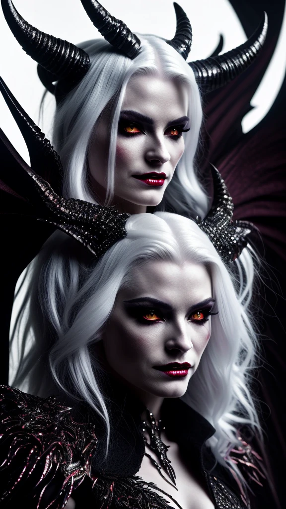 a demon with horns and white hair is posing for a picture, female humanoid creature, a demon, female demon, hyperdetailed fantasy character, dark demon succubus, portrait of an demon queen, demon princess, of an elden ring demon, demon character with smirk, demon, demon queen, complex fantasy character, side portrait of demon royalty
