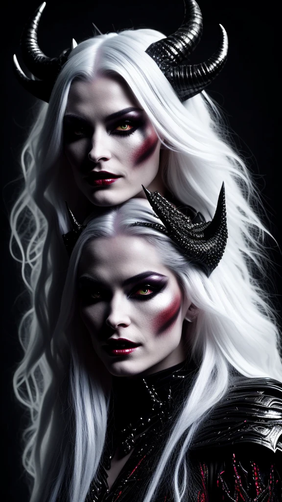 a demon with horns and white hair is posing for a picture, female humanoid creature, a demon, female demon, hyperdetailed fantasy character, dark demon succubus, portrait of an demon queen, demon princess, of an elden ring demon, demon character with smirk, demon, demon queen, complex fantasy character, side portrait of demon royalty