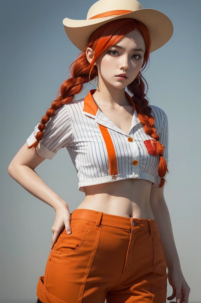 Free fire game style female character,with red hair in two braids,with a white top and an orange blouse over it, head accessory a small June hat,striped pants with little flags give brown color.