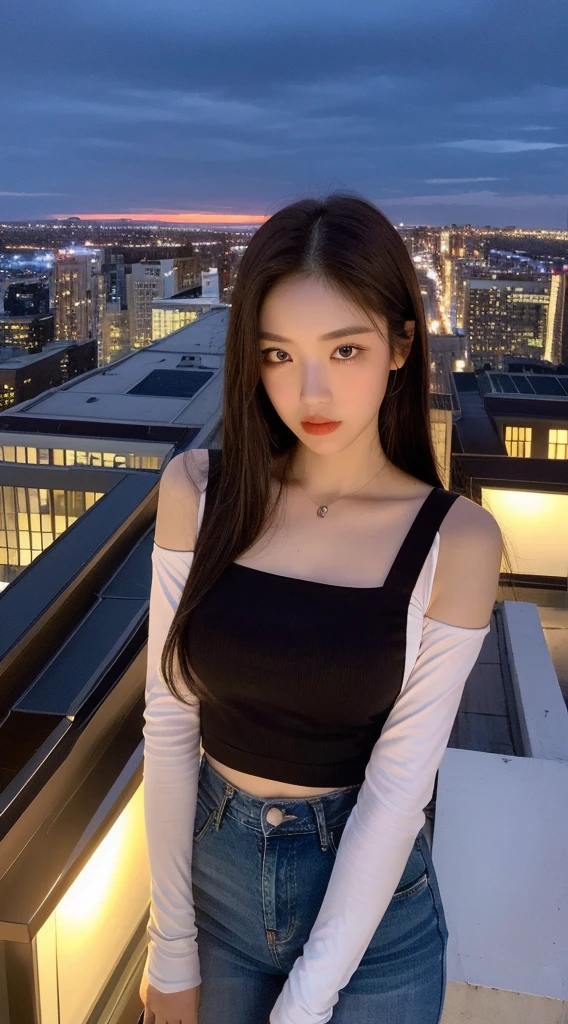 ((Midnight, Best quality, 8k, Masterpiece :1.3)), Whole body, Long legs, Sharp focus :1.2, A pretty woman with perfect figure :1.4, Slender abs :1.1, ((Dark brown hair, Big breasts :1.2)), (White tight tshirt, Jean bib, Standing:1.2), ((Night city view, Rooftop:1.3)), Highly detailed face and skin texture, Detailed eyes, Double eyelid, sunset, darken, backlit, off shoulder
