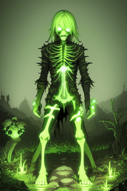 Undead skeletal zombie with open chest with a fungus inside Neon green with sprouts and roots covering the body Neon green eyes Destroyed ranger clothing Dirty arms covered by roots and legs with blisters covering his body Background of a radioactive swamp blood toxic neon green look at us facing the viewer