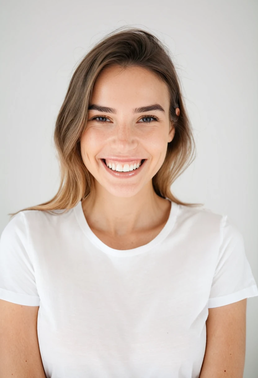 perfect quality,a photo of a woman,indoor,White background,Realistic lighting,8K,4K,Looking at the camera,Wearing short sleeves,Smile,Show your teeth,portrait,Pretty Face