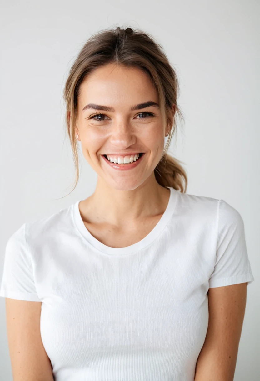 perfect quality,a photo of a woman,indoor,White background,Realistic lighting,8K,4K,Looking at the camera,Wearing short sleeves,Smile,Show your teeth,portrait,Pretty Face