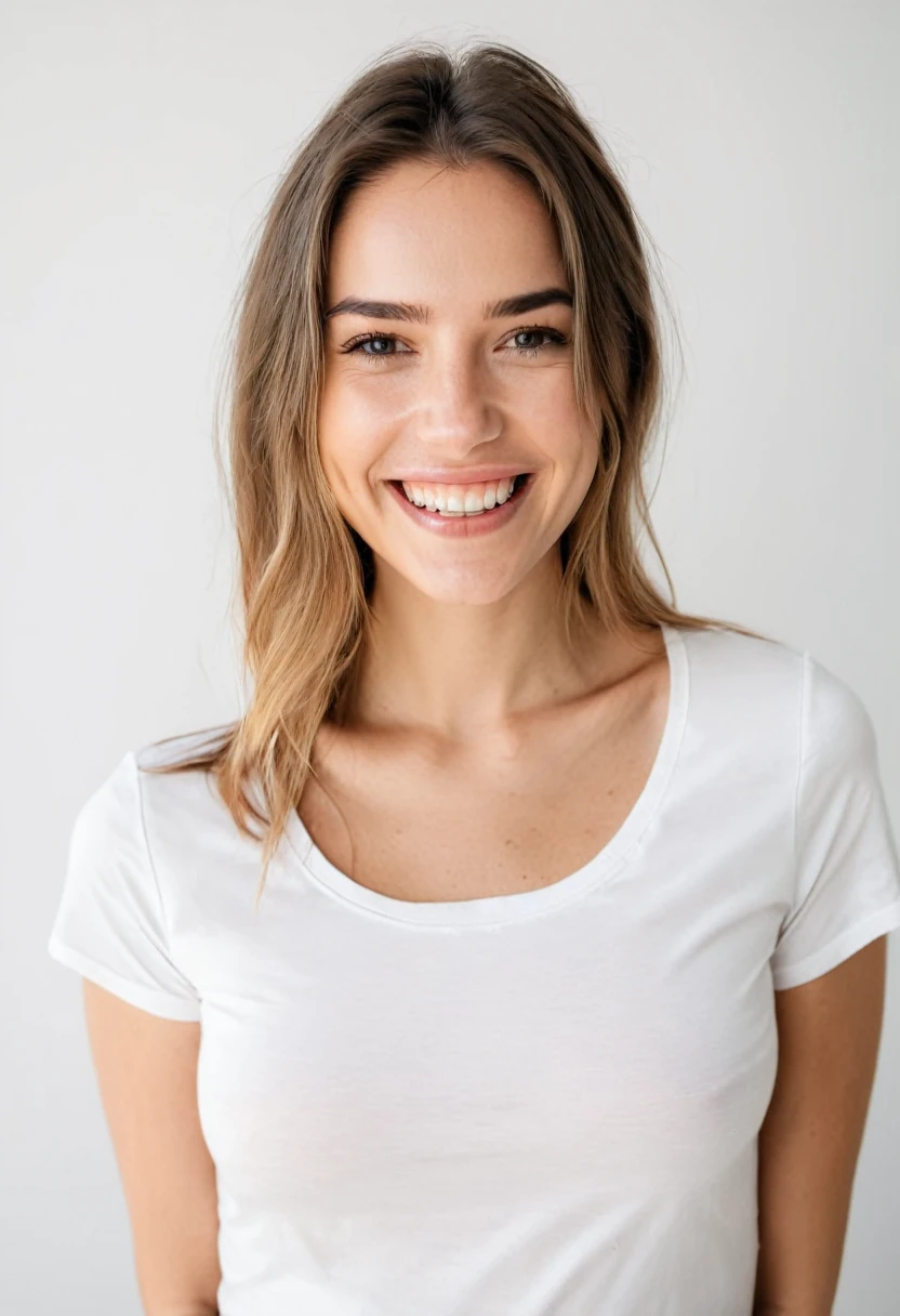 perfect quality,a photo of a woman,indoor,White background,Realistic lighting,8K,4K,Looking at the camera,Wearing short sleeves,Smile,Show your teeth,portrait,Pretty Face