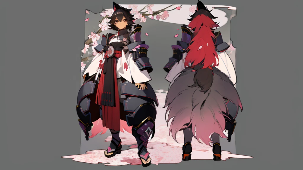 (Masterpiece detailed,) 1girl, ((character concept art)), ((character design sheet, same character, front, side, back)), dark skin, woman, black woman, masculine, brown eyes, black medium messy hair, black hair with grayish highlights side bang to left side of face covering eye halfway, shogun, warrior, black red kimono, armor chest piece, armor samurai shoulder pads, emotionless expression, wolf ears, wowolf tail scars on face, wearing geta footwear, long robes, Sakura petals