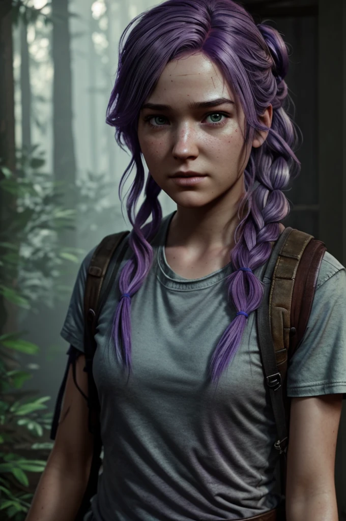 Make a girl with wavy light purple hair. She looks similar to Abby from the last of us. She’s video game like 