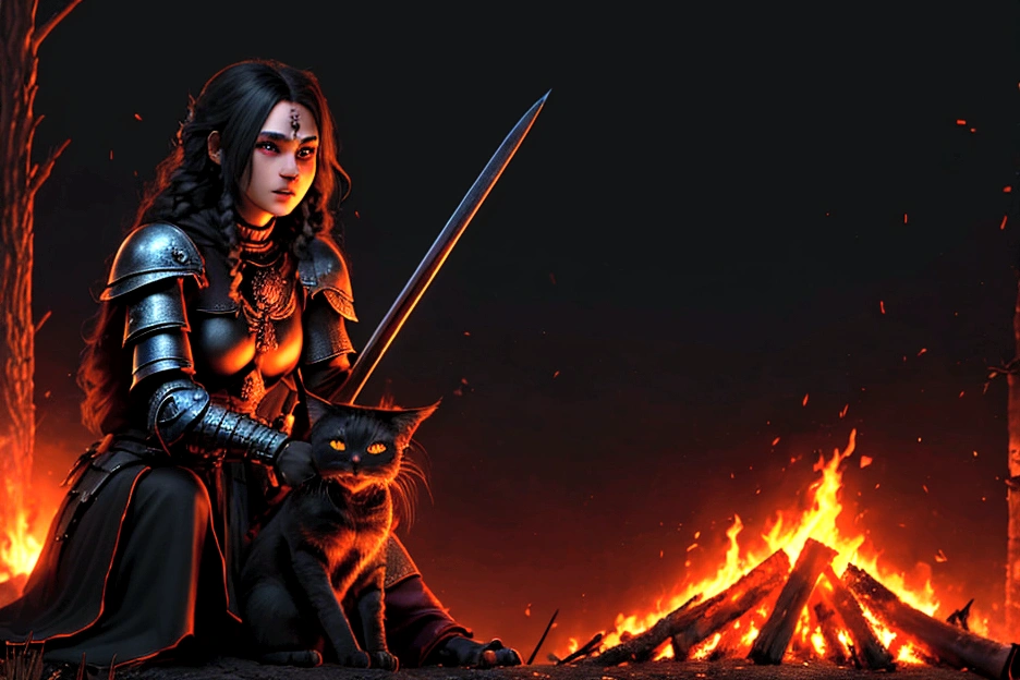 1 mujer junkotvv pelo largo negro con flequillo y con orejas de gato y ojos rojos a warrior resting in bonfire, high quality, masterpiece, dark theme, dark souls theme,  (fullbody sentada frente a un bonfire )