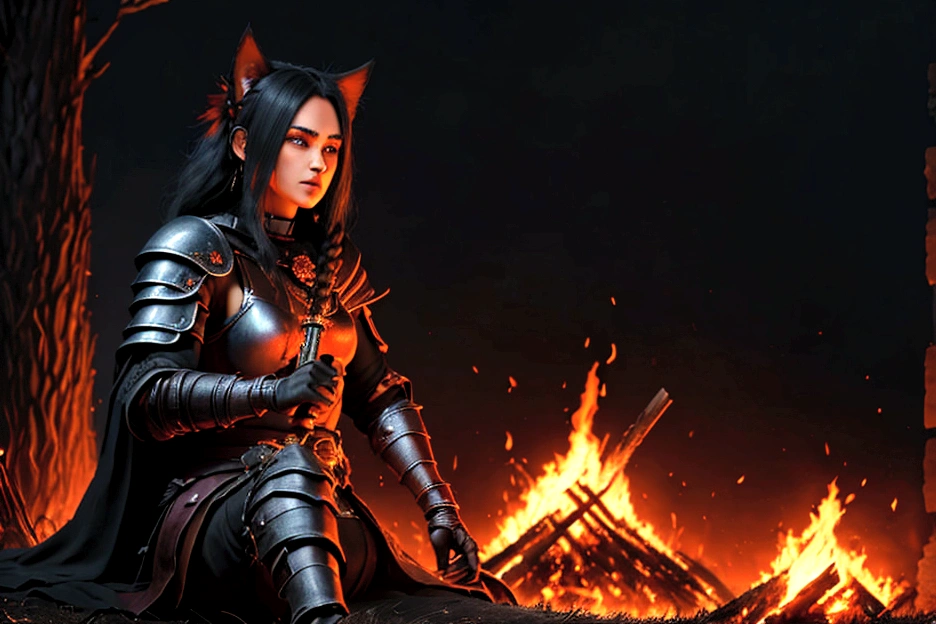 1 mujer junkotvv pelo largo negro con flequillo y con orejas de gato y ojos rojos a warrior resting in bonfire, high quality, masterpiece, dark theme, dark souls theme,  (fullbody sentada frente a un bonfire )